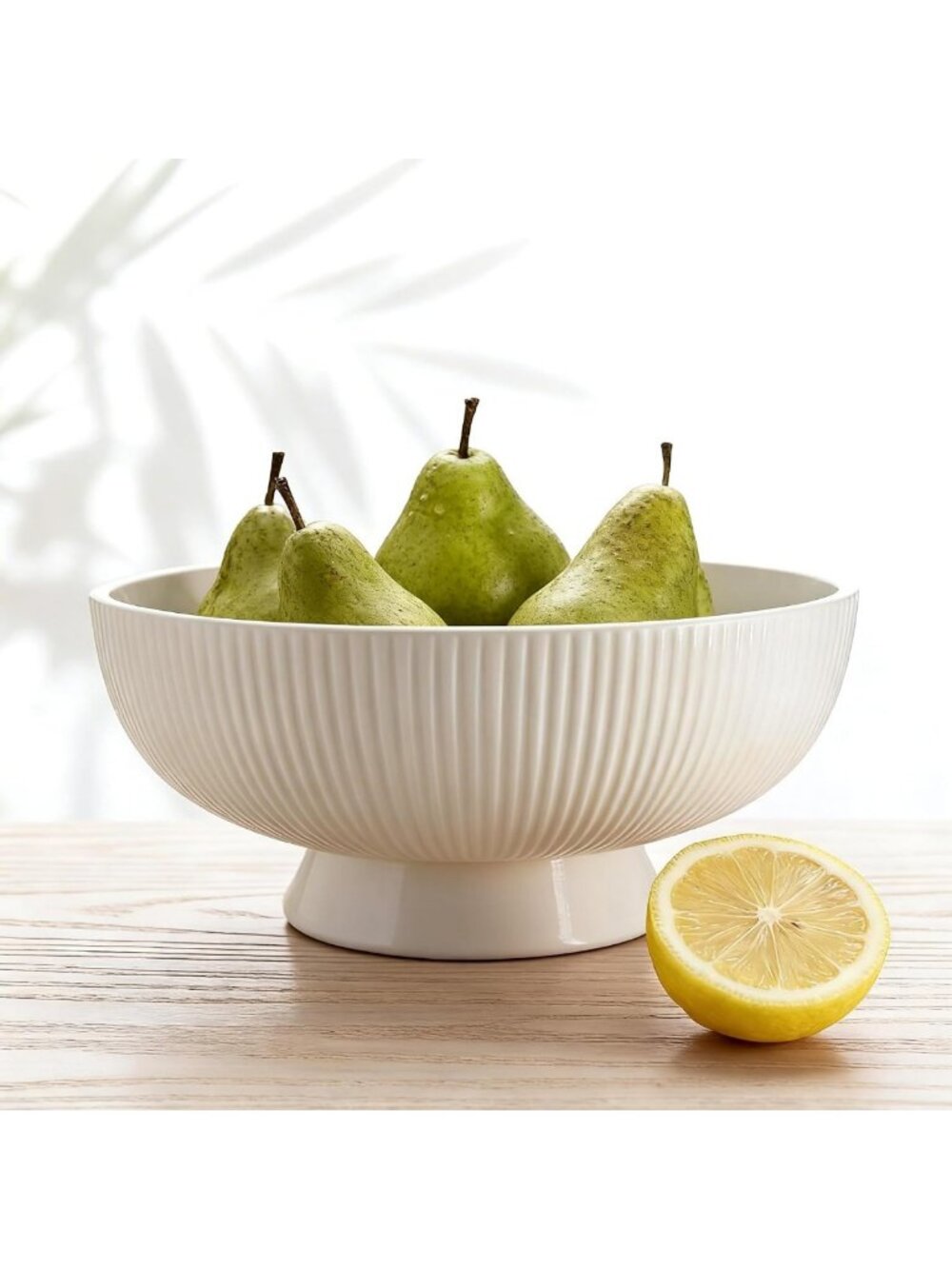 Handmade 10" Matte White Striped Decorative Bowl - Large Ceramic Centerpiece for